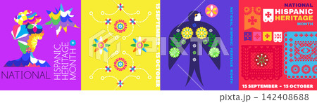 National Hispanic heritage month poster, web banner with papel picado, guitar, decor Hispanic and Latino Americans culture National Hispanic heritage month poster, web banner with papel picado, guitar, decor Hispanic and Latino Americans culture 142408688