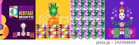 National Hispanic heritage month poster, web banner with  papel picado, guitar, decor Hispanic and Latino Americans culture 142408689
