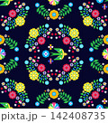 Swallow seamless pattern for National Hispanic Heritage Month, spanish culture America celebrate template with birds, floral foliage Vector colorful cute ornament illustration 142408735