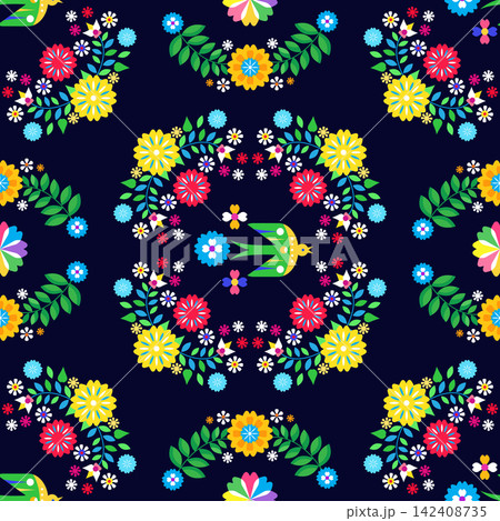 Swallow seamless pattern for National Hispanic Heritage Month, spanish culture America celebrate template with birds, floral foliage Vector colorful cute ornament illustration 142408735