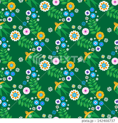 Swallow seamless pattern for National Hispanic Heritage Month, spanish culture America celebrate template with birds, floral foliage Vector colorful cute ornament illustration Swallow seamless pattern for National Hispanic Heritage Month, spanish culture America celebrate template with birds, floral foliage Vector colorful cute ornament illustration 142408737