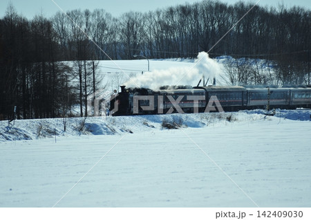 白煙を上げて雪原を走るSL冬の湿原号 北海道・茅沼 白煙を上げて雪原を走るSL冬の湿原号 北海道・茅沼 142409030