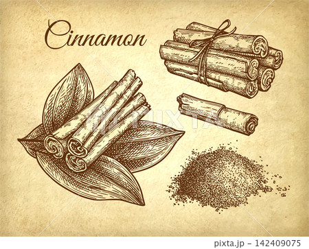 Cinnamon set. Sticks and powdered spice. 142409075