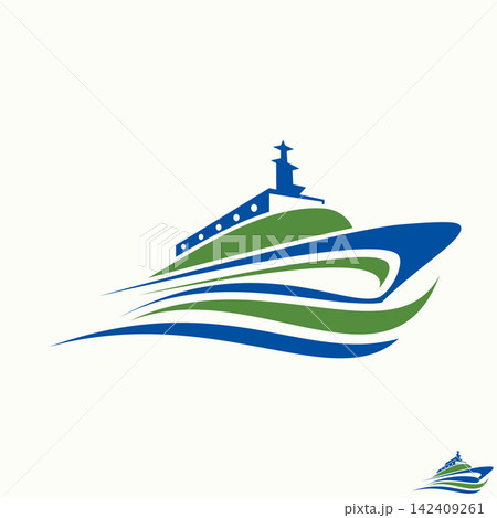 Modern yacht cruise ship logo design template featuring dynamic blue ocean waves and green swoosh line for maritime transport and nautical travel tour 142409261