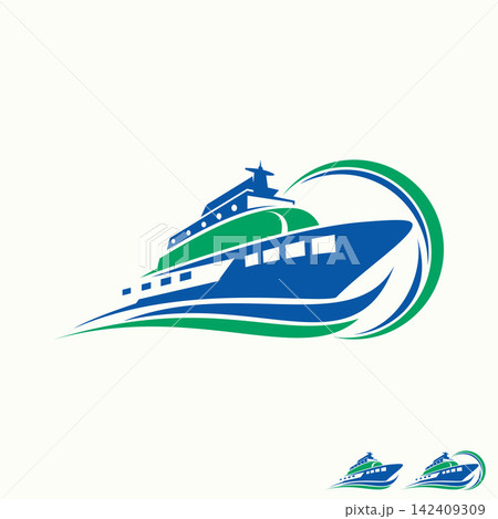 Modern cruise ship cargo boat logo design template featuring dynamic blue and green ocean waves for maritime transport and shipping logistics brand. 142409309