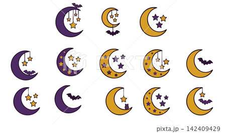 Halloween Crescent Moon Vector Set with Stars, Hanging Ornaments, Bats, and Cat Silhouette 142409429