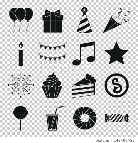 The image shows a set of 16 black-and-white vector icons related to birthdays and celebrations The image shows a set of 16 black-and-white vector icons related to birthdays and celebrations 142409453