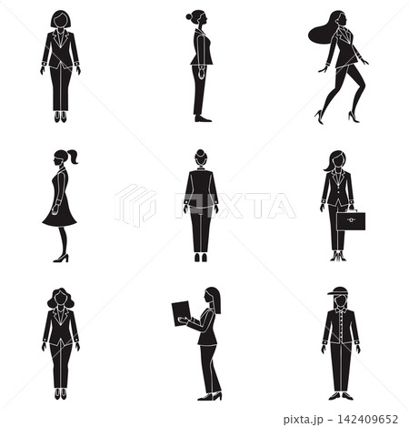 The image shows a set of nine black-and-white vector silhouettes representing business women and office workers in various professional poses, outfits, and actions The image shows a set of nine black-and-white vector silhouettes representing business women and office workers in various professional poses, outfits, and actions 142409652