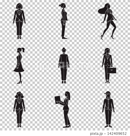 The image shows a set of nine black-and-white vector silhouettes representing business women and office workers in various professional poses, outfits, and actions 142409652