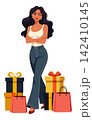 Winking woman standing with gift box and shopping bag vector flat design illustration 142410145