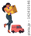 Happy woman hugging cardboard parcel box near delivery van flat vector illustration 142410146