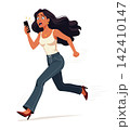 Shocked woman running while holding smartphone vector flat design illustration 142410147