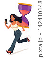 Shocked woman running with smartphone near giant hourglass vector flat design illustration 142410148