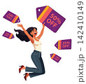 Excited woman jumping with discount price tags vector flat design illustration 142410149