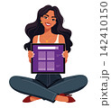 Smiling woman sitting cross legged holding tablet display vector flat design illustration 142410150