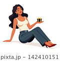 Woman sitting on floor holding small gift box vector flat design illustration 142410151