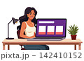 Smiling woman sitting at desk using laptop flat vector illustration 142410152