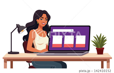 Smiling woman sitting at desk using laptop flat vector illustration 142410152