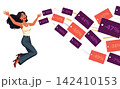 Joyful woman jumping toward flying discount price tags vector flat design illustration 142410153