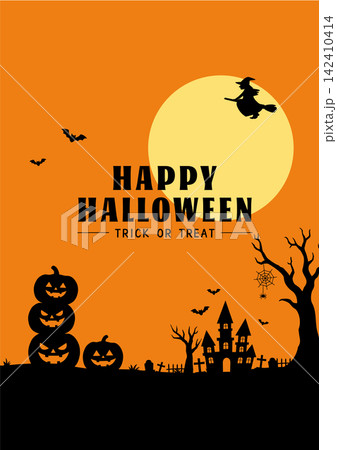 ハロウィン バナーイラスト ジャック・オ・ランタン、魔女、おばけ、館、コウモリ、月のシルエットデザイ 142410414