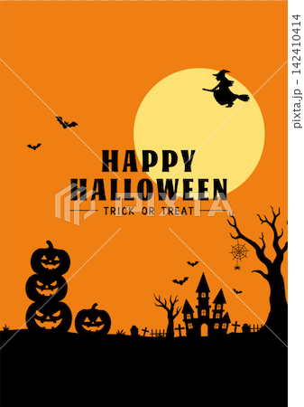 ハロウィン バナーイラスト ジャック・オ・ランタン、魔女、おばけ、館、コウモリ、月のシルエットデザイ 142410414