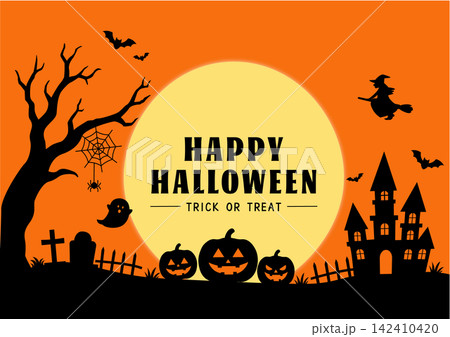 ハロウィン バナーイラスト ジャック・オ・ランタン、魔女、おばけ、館、コウモリ、月のシルエットデザイ 142410420