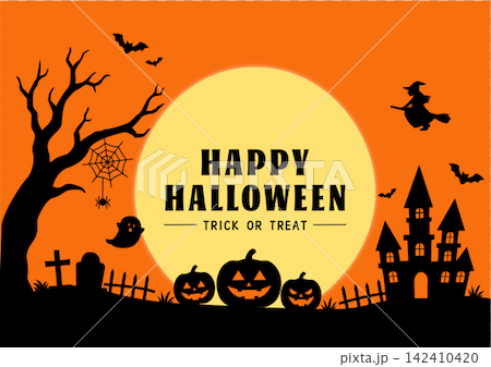 ハロウィン バナーイラスト ジャック・オ・ランタン、魔女、おばけ、館、コウモリ、月のシルエットデザイ 142410420