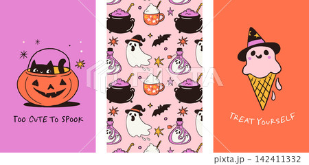 Halloween posters, cards and seamless pattern with cauldron, potion bottle, ghosts and pumpkin 142411332