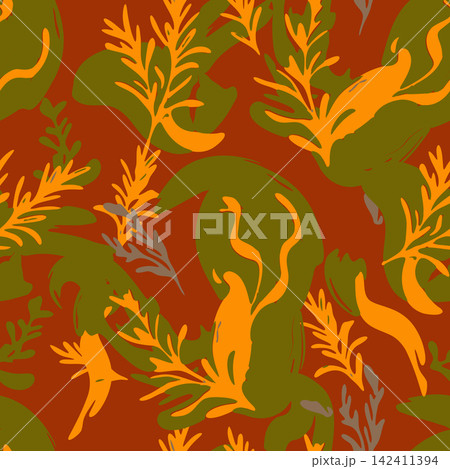 Vibrant seamless pattern with abstract brush stroke rosemary foliage. Ideal for packaging, textiles, wrapping paper, and culinary background design. 142411394