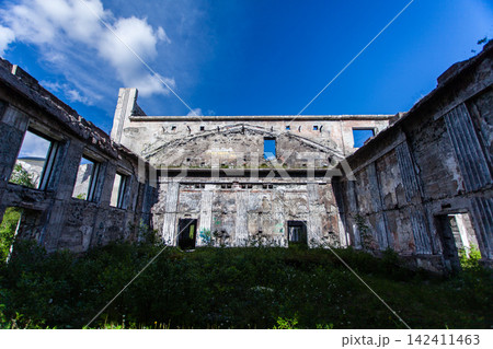 Abandoned Soviet-era Palace of Culture in the former mining settlement of Kukisvumchorr near Kirovsk, Murmansk Region, Russia. The decaying cultural building stands beneath the Khibiny Mountains, surr Abandoned Soviet-era Palace of Culture in the former mining settlement of Kukisvumchorr near Kirovsk, Murmansk Region, Russia. The decaying cultural building stands beneath the Khibiny Mountains, surr 142411463