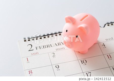 ピンクの豚の貯金箱と2月のカレンダー ピンクの豚の貯金箱と2月のカレンダー 142411512