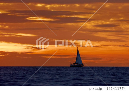 Yachtsmen are sitting amicably on board the boat at incredible sunset, sailing boat is in sailing regatta in the Gulf of Finland, magic splashing water, teamwork, Russia, St.Petersburg Yachtsmen are sitting amicably on board the boat at incredible sunset, sailing boat is in sailing regatta in the Gulf of Finland, magic splashing water, teamwork, Russia, St.Petersburg 142411774