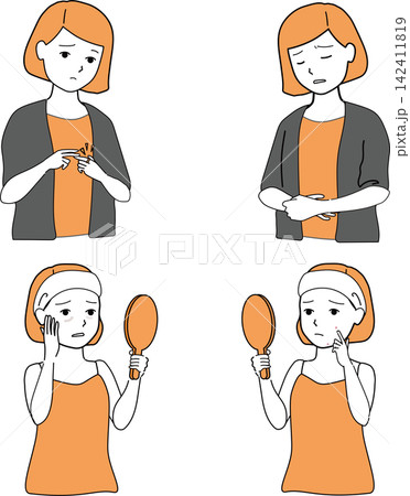 生理前などの体調不良の女性のベクターイラストセット 生理前などの体調不良の女性のベクターイラストセット 142411819