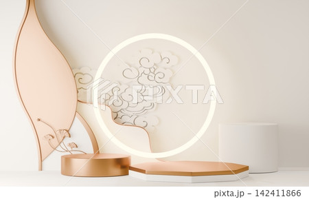 chinese display stand white for cosmetic product on background and decoration chinese style. 3d rendering chinese display stand white for cosmetic product on background and decoration chinese style. 3d rendering 142411866