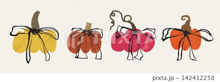 Set of colorful fall pumpkins with ribbon bows and curled stems in hand drawn vector style Set of colorful fall pumpkins with ribbon bows and curled stems in hand drawn vector style 142412258