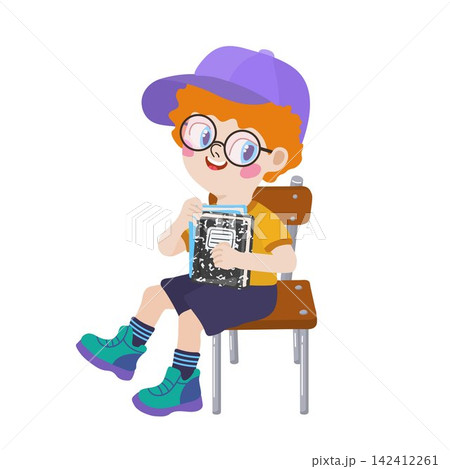 School boy sitting on chair holding notebooks isolated on white for classroom education and student design School boy sitting on chair holding notebooks isolated on white for classroom education and student design 142412261