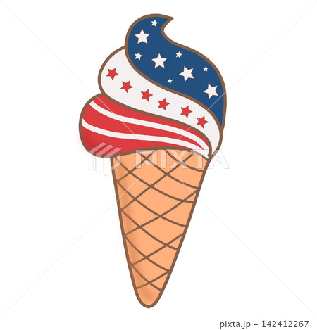 Patriotic 4th of July ice cream waffle cone american flag colors red white blue summer treat sticker print visual graphic clipart artwork design icon element illustration 142412267