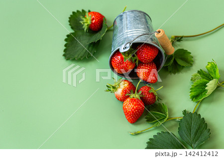Sweet red strawberries and foliage on mint background 142412412