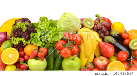 Vibrant Composition Of Raw Vegetables Mix And Sweet Ripe Fruits Vibrant Composition Of Raw Vegetables Mix And Sweet Ripe Fruits 142412614