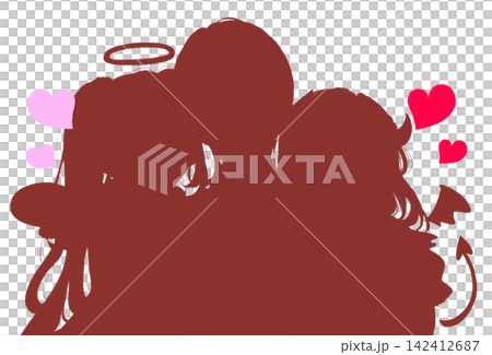 一個男人被兩個女人、一個天使和一個魔鬼的剪影包圍著。 一個男人被兩個女人、一個天使和一個魔鬼的剪影包圍著。 142412687