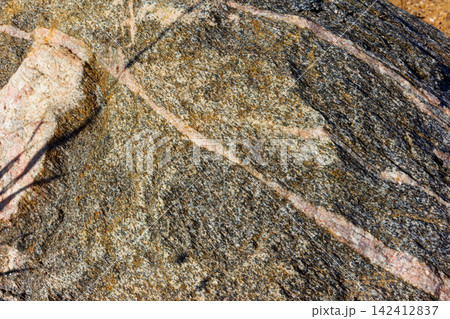 Large migmatite boulder featuring intricate granite gneiss textures and quartz veins, resting in a sunlit sandy gravel quarry, highlighting natural geological patterns and earthy mineral tones Large migmatite boulder featuring intricate granite gneiss textures and quartz veins, resting in a sunlit sandy gravel quarry, highlighting natural geological patterns and earthy mineral tones 142412837