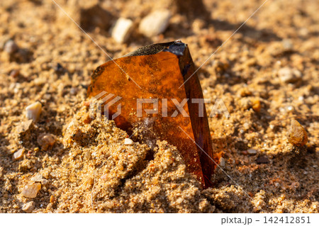 Sharp brown glass shard stuck in the golden beach sand posing a serious safety hazard and risk of deep cuts for barefoot walkers on a sunny day outdoors 142412851
