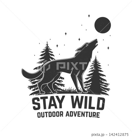 Retro Wolf T Shirt Design with Wilderness Forest Illustration, Stay Wild Outdoor Adventure Graphic for Apparel, Camping, Hiking and Nature Merchandise 142412875