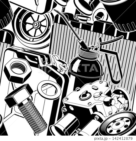 Mechanic Tools Seamless Pattern with Automotive Parts, Engine Components, Wheels, Gears and Garage Equipment for Auto Repair and Industrial Design Mechanic Tools Seamless Pattern with Automotive Parts, Engine Components, Wheels, Gears and Garage Equipment for Auto Repair and Industrial Design 142412879