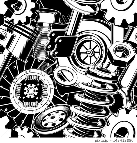 Automotive Parts Seamless Pattern with Vintage Car Engine Components, Gears, Wheels, Suspension and Mechanic Tools for Garage and Textile Design 142412880
