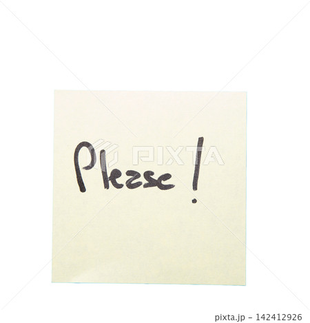 A yellow sticky note with the word "PLEASE!" written in black marker A yellow sticky note with the word "PLEASE!" written in black marker 142412926