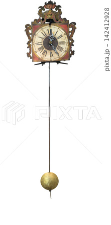 An antique clock face with Roman numerals and ornate hands hangs above a long pendulum. An antique clock face with Roman numerals and ornate hands hangs above a long pendulum. 142412928