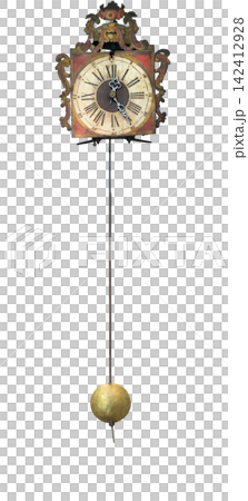 An antique clock face with Roman numerals and ornate hands hangs above a long pendulum. An antique clock face with Roman numerals and ornate hands hangs above a long pendulum. 142412928