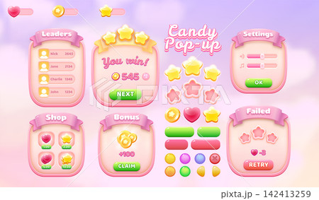 Cute Candy Match 3 Game GUI Vector Set with Sweet Popup Windows, Leaderboard, Shop, Bonus, Settings, Victory, Failure, Stars, Hearts, Coins and Colorful Mobile Game Interface Elements 142413259