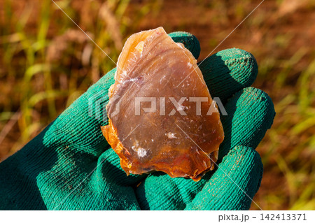 A close-up shot of a freshly broken brown flint stone held in hand, showing characteristic conchoidal fracture waves and sharp edges used in prehistoric tools A close-up shot of a freshly broken brown flint stone held in hand, showing characteristic conchoidal fracture waves and sharp edges used in prehistoric tools 142413371